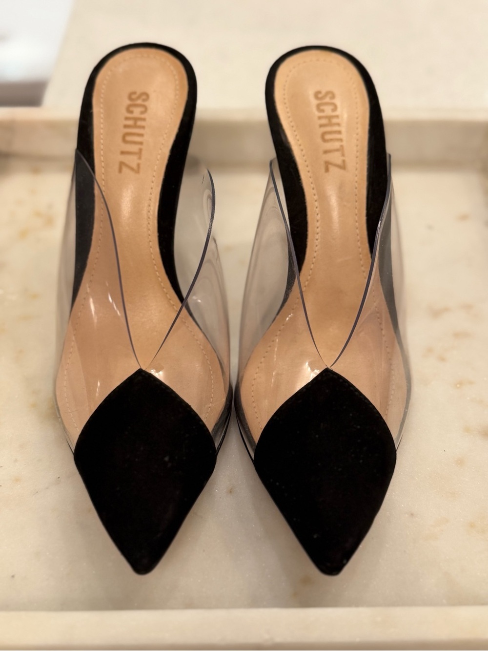 SCHUTZ Black Pointed Clear-Panel Mule Slides